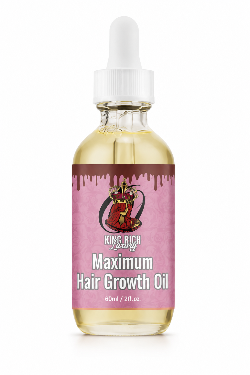A 60ml glass dropper bottle of King Rich Hairly Maximum Hair Growth Oil, filled with golden-yellow oil and featuring a pink label with a crown graphic, on a white background.